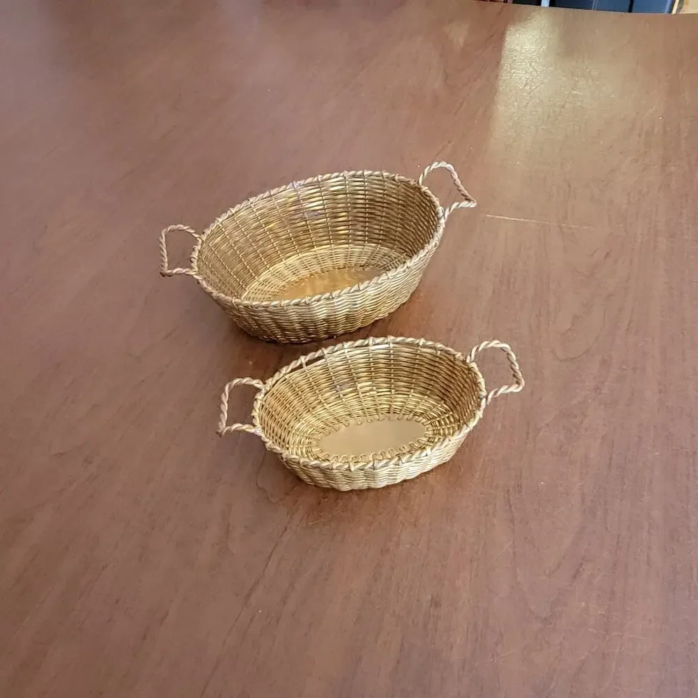 Vintage Brass Set of 2 Oval Brass Weaved Baskets